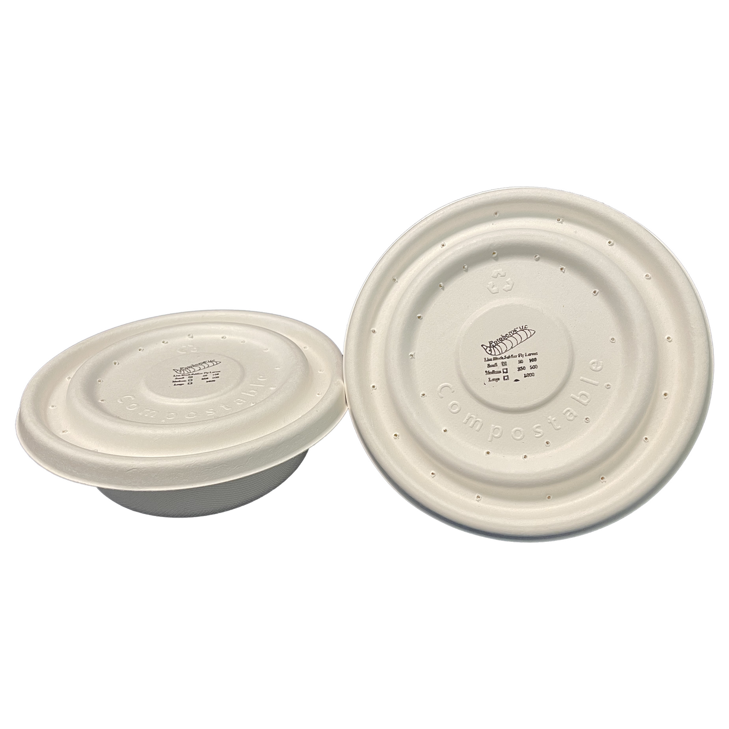 circular compostable packaging with stamp of Entoboros logo on the lid.